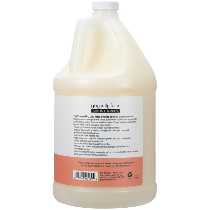 Ginger Lily Farms Salon Formula FrizzFreeze Pro Anti-Frizz Shampoo for Frizzy Hair, 100% Vegan & Cruelty-Free, 1 Gallon (128 fl oz) Refill