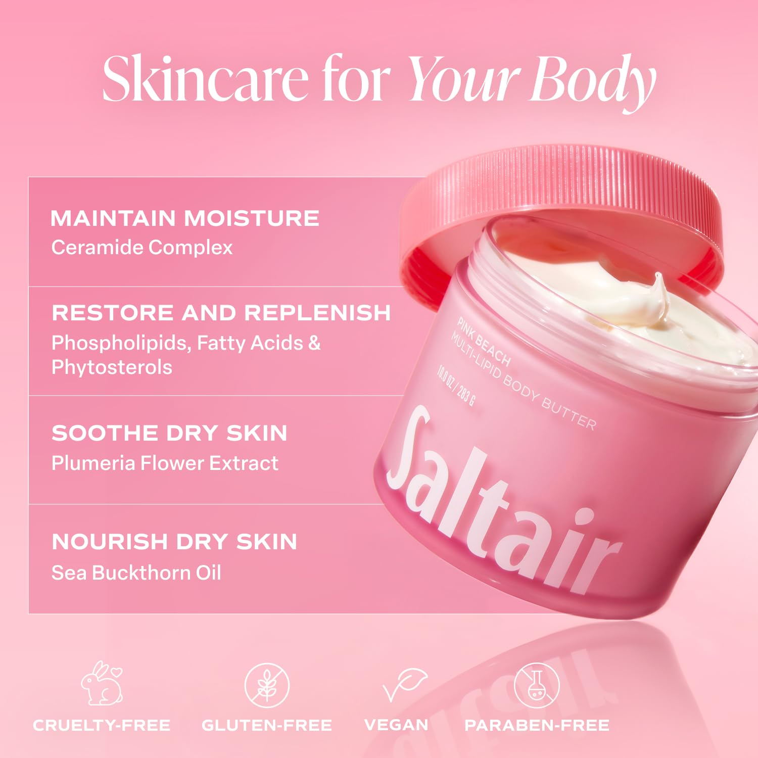 Saltair Multi-Lipid Body Butter - Rich, Nourishing Pink Beach Hydrating Body Cream with Ceramide Complex, Coconut Oil, Shea Butter, and Sea Buckthorn. Deep Moisturizing Dry Skin Care. 10oz Jar