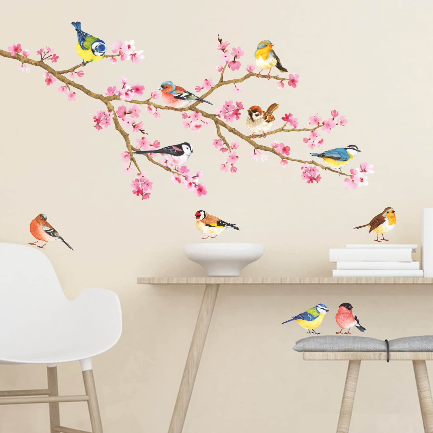 DECOWALL DS4-8039 Cherry Blossom & Garden Birds Kids Wall Stickers Wall Decals Peel and Stick Removable Wall Stickers for Kids Nursery Bedroom Living Room (Small) dcor