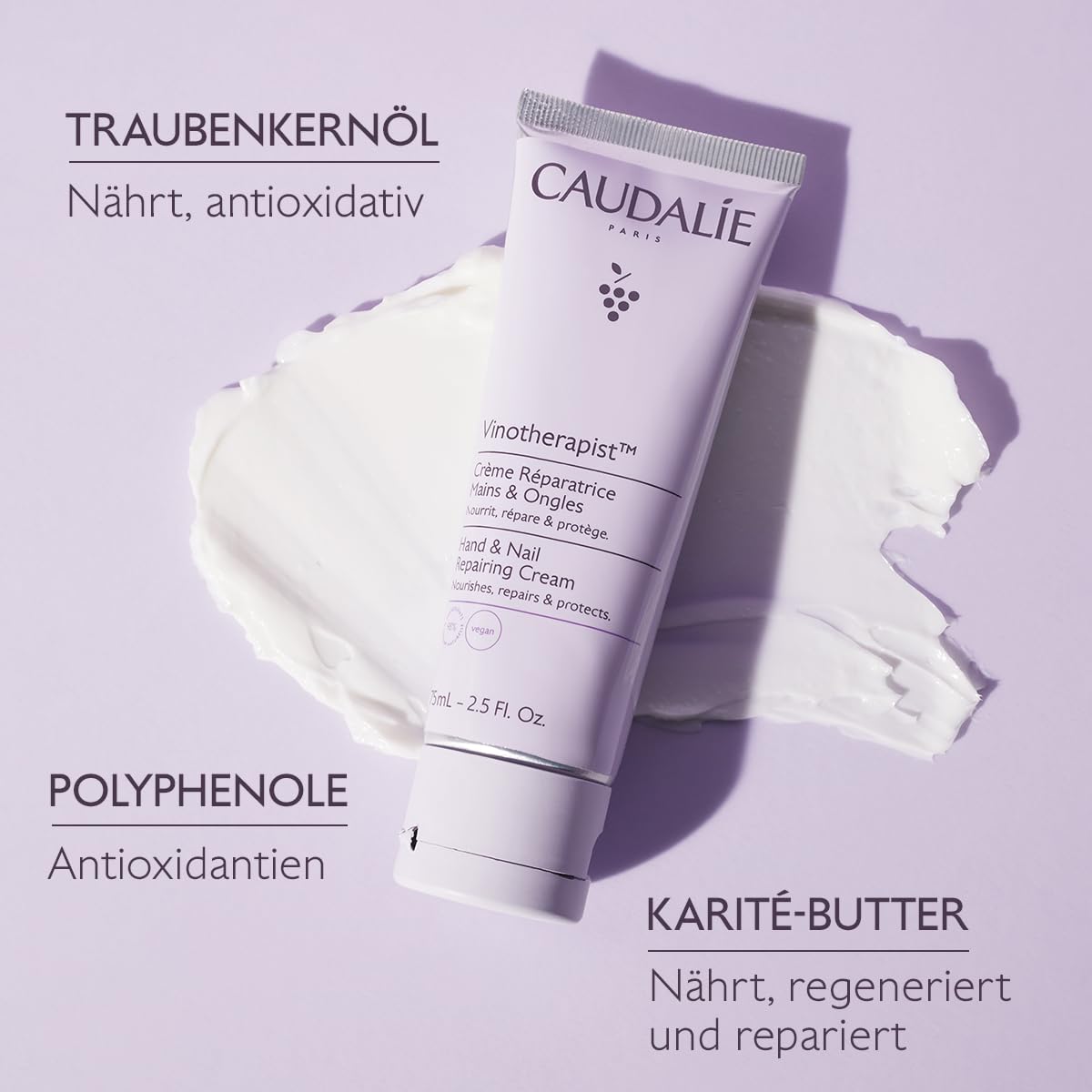Caudalie Vinotherapist Hand and Nail Cream with Shea Butter and Grapeseed Oil, Vegan and Dermatologically Tested, 75 mL