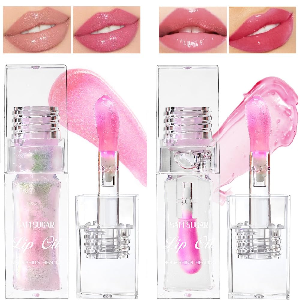 2 Pcs Magic Color Changing Lip Oil,Moisturizing Lip CareNon-Sticky Tinted Lip Oil, Fresh Texture Lip Glow Oil. (Color Changing & Pearlescent)