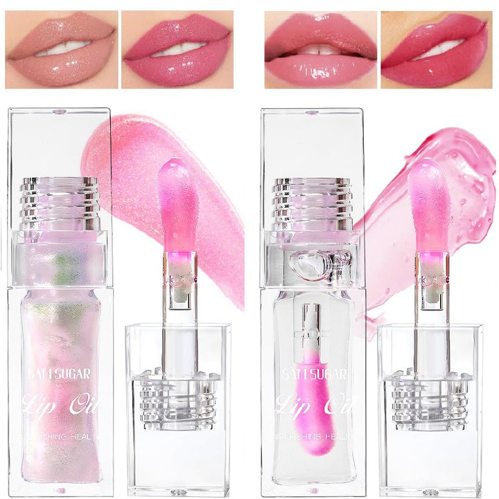 2 Pcs Magic Color Changing Lip Oil,Moisturizing Lip CareNon-Sticky Tinted Lip Oil, Fresh Texture Lip Glow Oil. (Color Changing & Pearlescent)