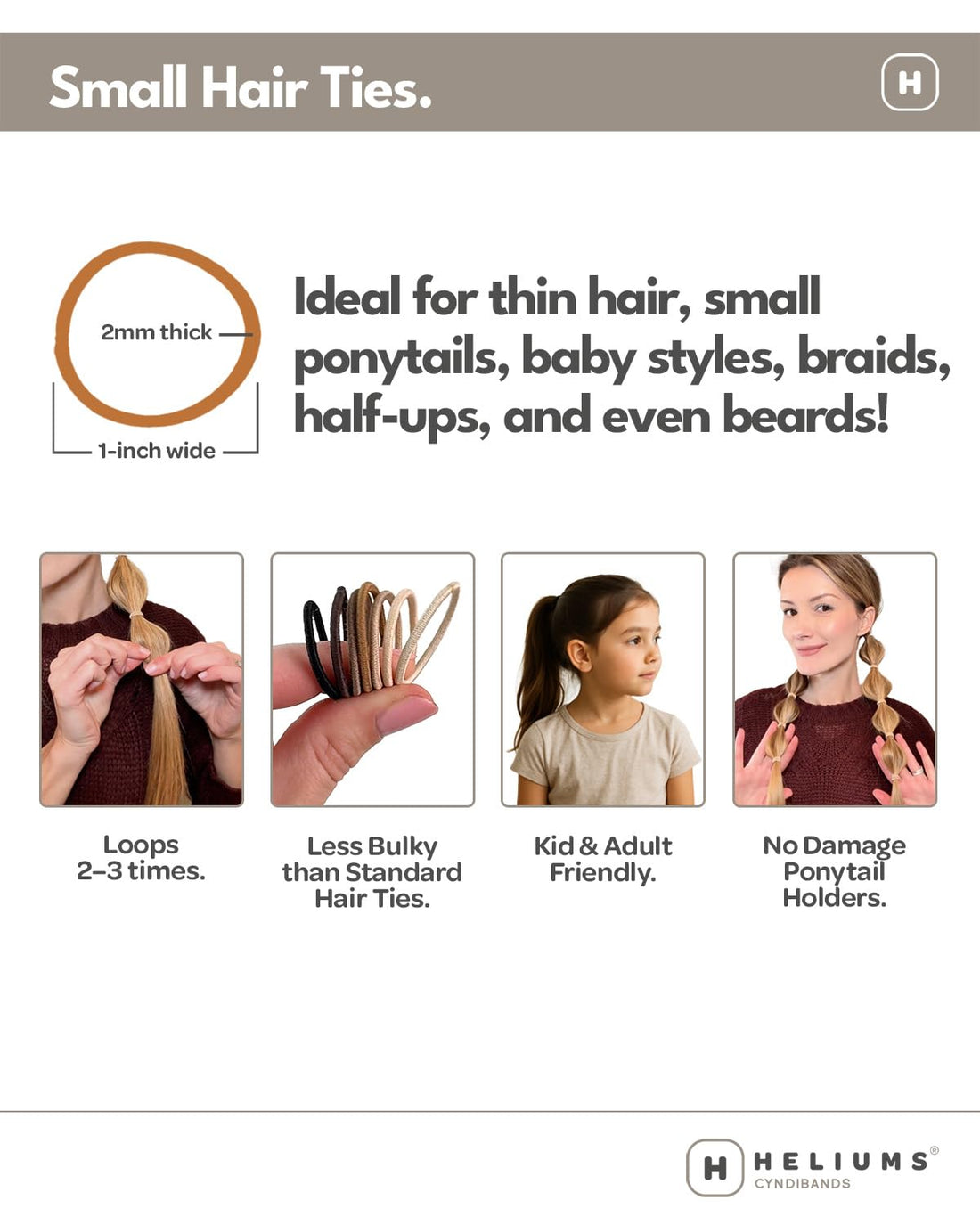 Heliums Small Hair Ties - Black - No Damage Mini 1 Inch Reusable 2mm Elastics for Thin Hair and Kids, Neutral Ponytail Holders - 48 Count