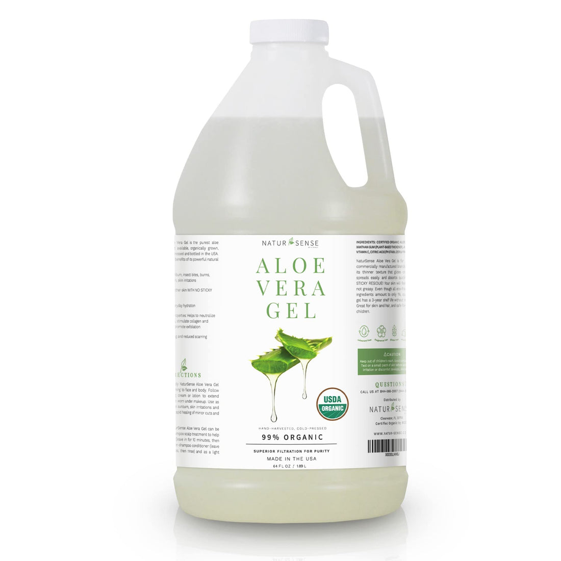 NTRSNS NaturSense Organic Aloe Vera Gel from 100% Pure Aloe. Great for Hair, Scalp, Face, Dry Skin, Acne, Sunburn, Sensitive Skin. Unscented, USDA Certified, 64 oz.