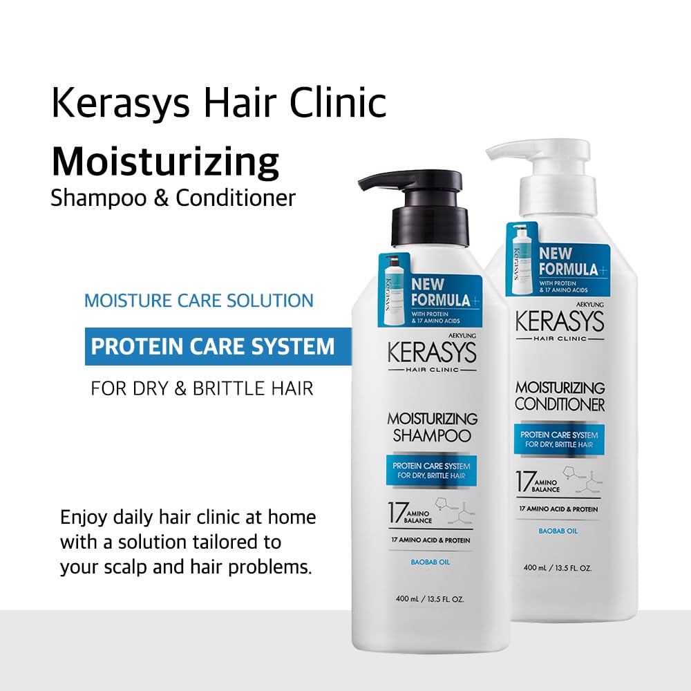 Kerasys Hair Clinic Protein Care System for Dry Brittle Hair Baobab Oil MOISTURIZING 20.2 fl oz / 600 ml (Shampoo + Conditioner Set)
