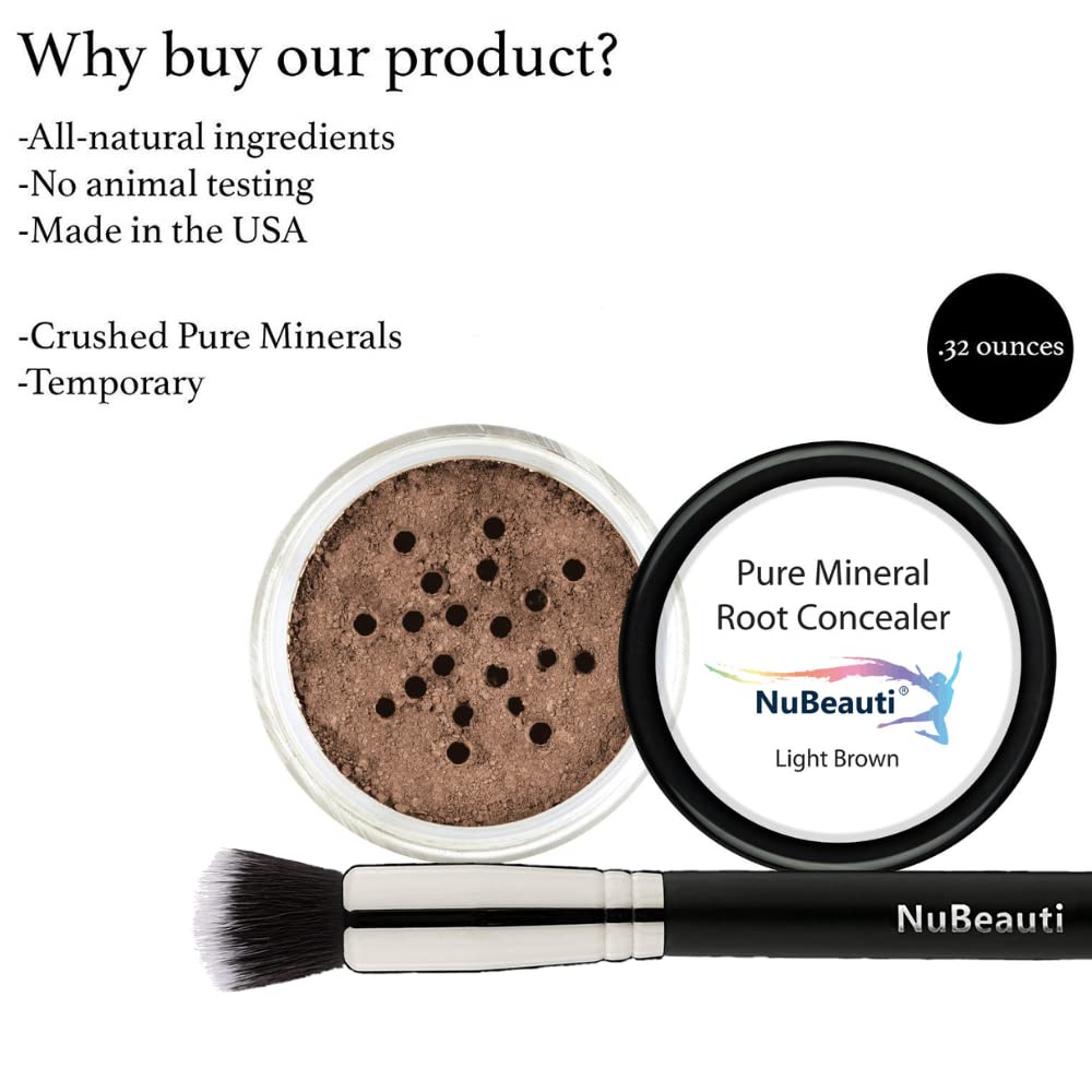 Root Concealer Touch Up Powder | All-Natural Crushed Minerals Without Brush | Fast and Easy Total Gray Hair Cover up For Black | Brown | Auburn and Blonde Hair .32 ounce (With Brush, Light Brown)