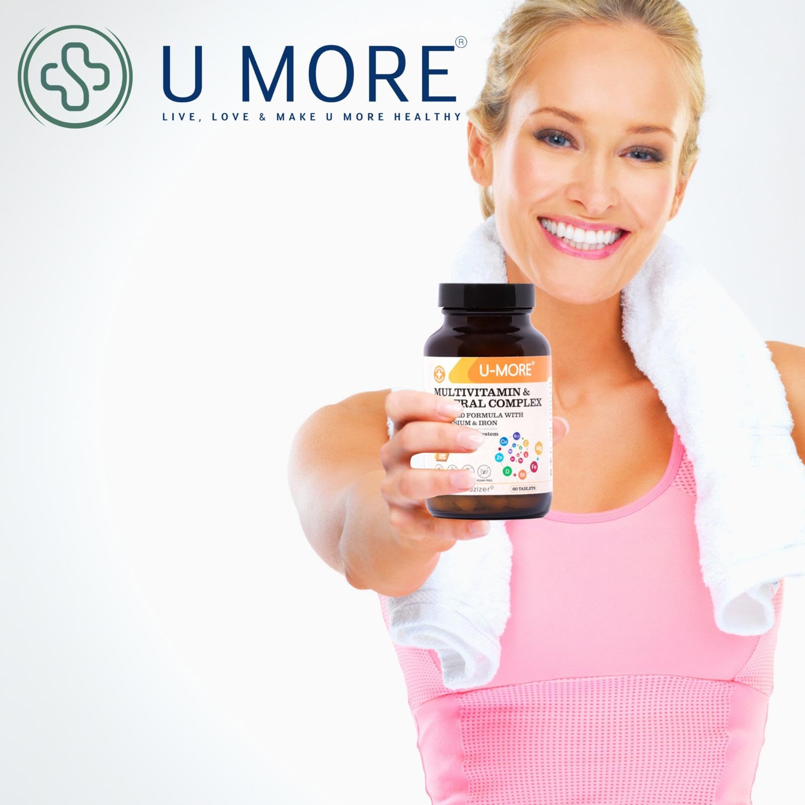 U-MORE Multivitamin & Mineral Complex, Vegan, Sugar-Free, Gluten-Free, Calcium, Magnesium, Vitamin A, B1, B2, B5, B6, B12, D3, K, C, Iron, Zinc, Supports Immune System & Overall Health - 60 Tablets