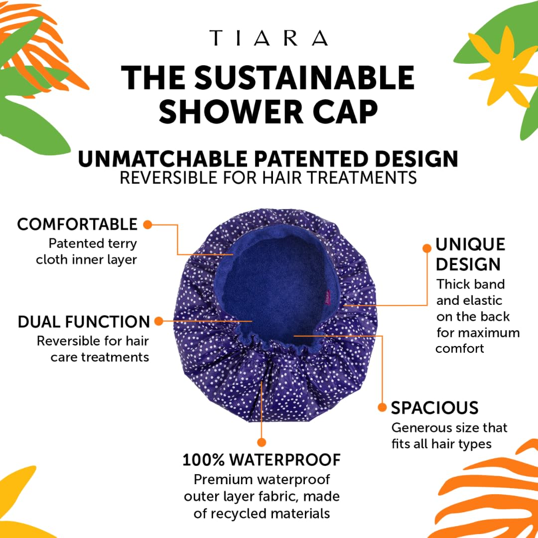No Pinch Tiara Shower Cap Best Shower Cap In Usa Terry Lined Reversible Patented Tiara Shape (Dots Blue)
