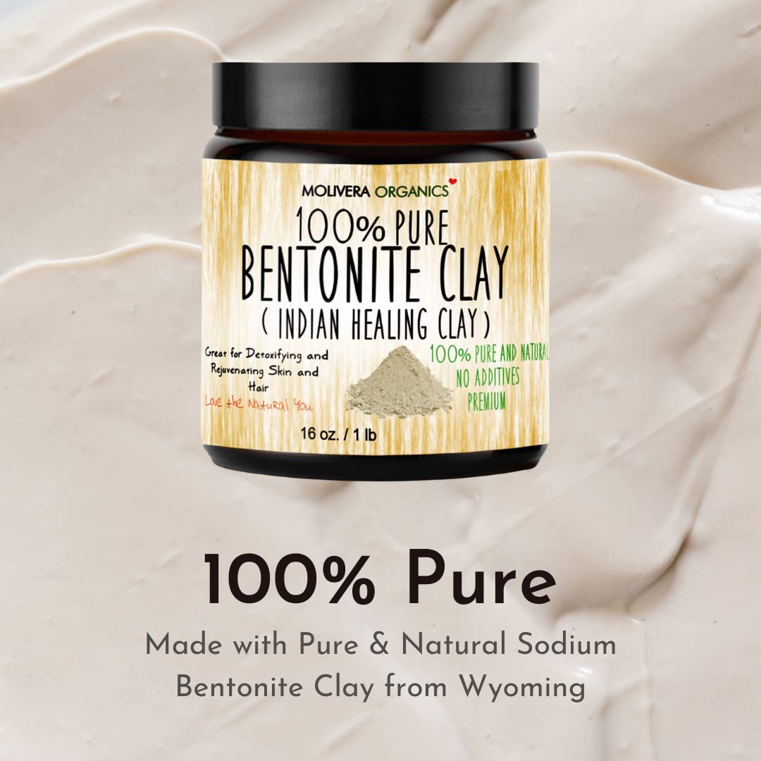Molivera Organics Premium 1 lb Bentonite Clay Pure, Natural Detoxifying Clay for Face Masks, Hair Care & More - Best Healing Clay - USA Made