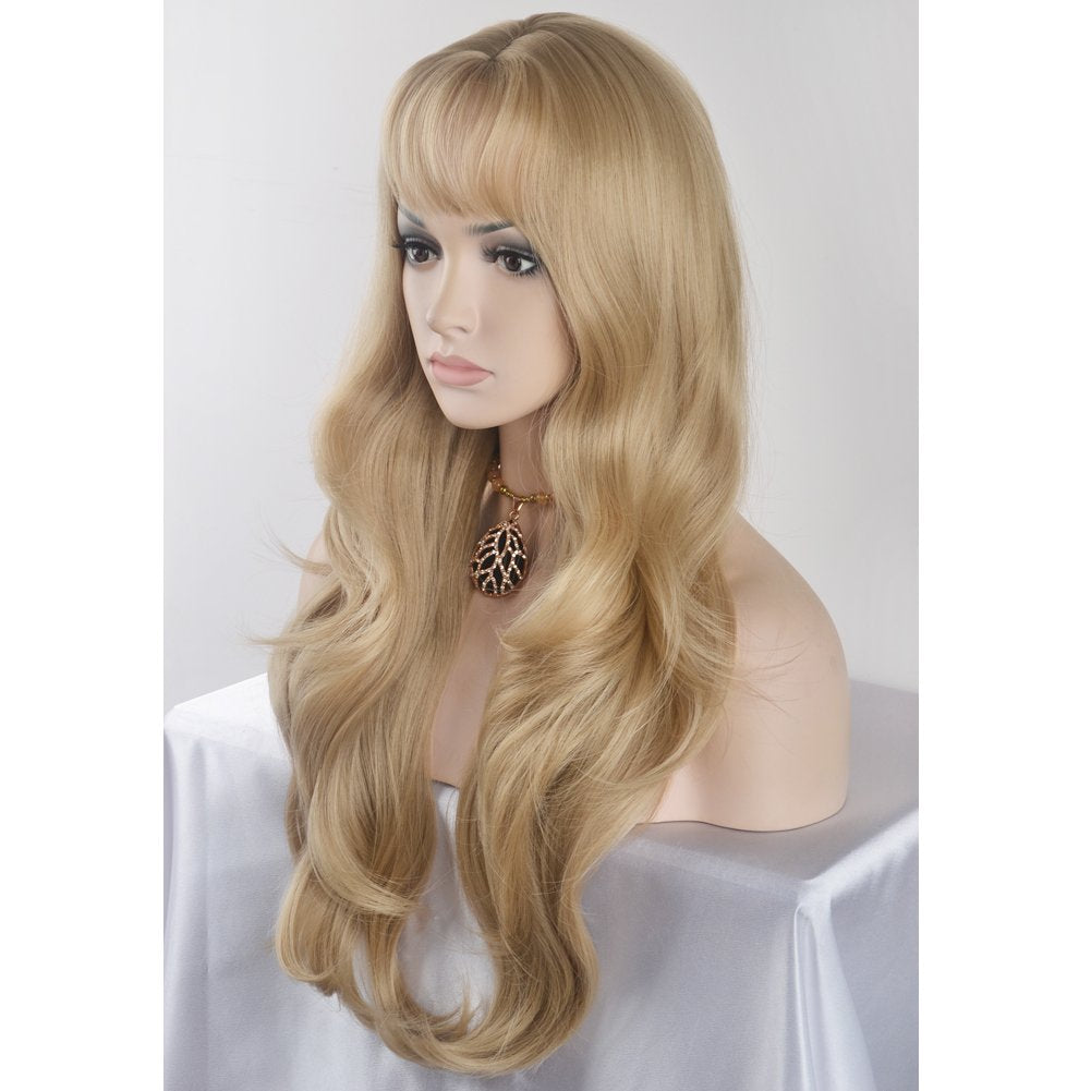 BERON 27.5' Fashion Women Girls Long Curly Wavy Synthetic Wig with Air Bangs Wig Cap Included (Linen Gold)