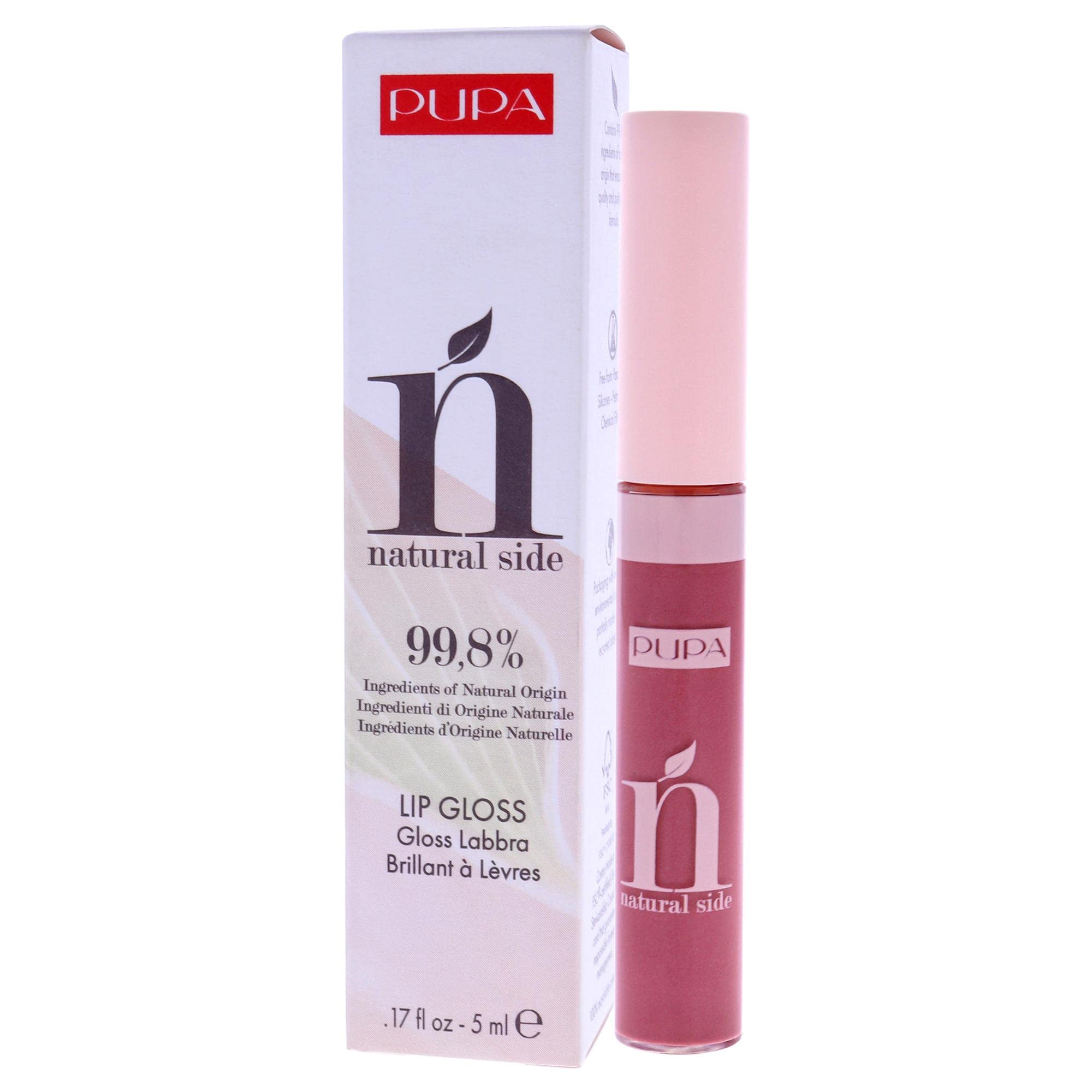 PUPA Milano Natural Side Lip Gloss - High Shine And Color Payoff - Nourishing Formula - Made With Natural Ingredients - Enriched With Oils To Moisturize The Lips - 005 Bright Rose - 0.17 OZ