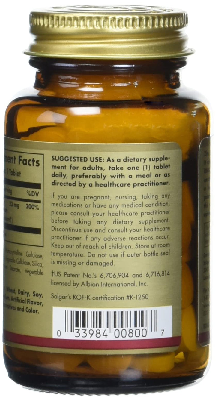 Solgar Chelated Zinc, 100 Tablets - Zinc for Healthy Skin - Cell Growth & Dna Formation, 100 Count (Pack of 12)