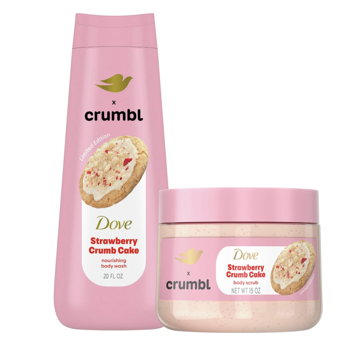 Dove Moisturizing Strawberry Crumb Cake Body Wash & Scrub Combo, 20oz Wash + 15oz Scrub, Limited Edition, Paraben & Sulfate Free, For Body, Improves Skin Texture, Moisturizes