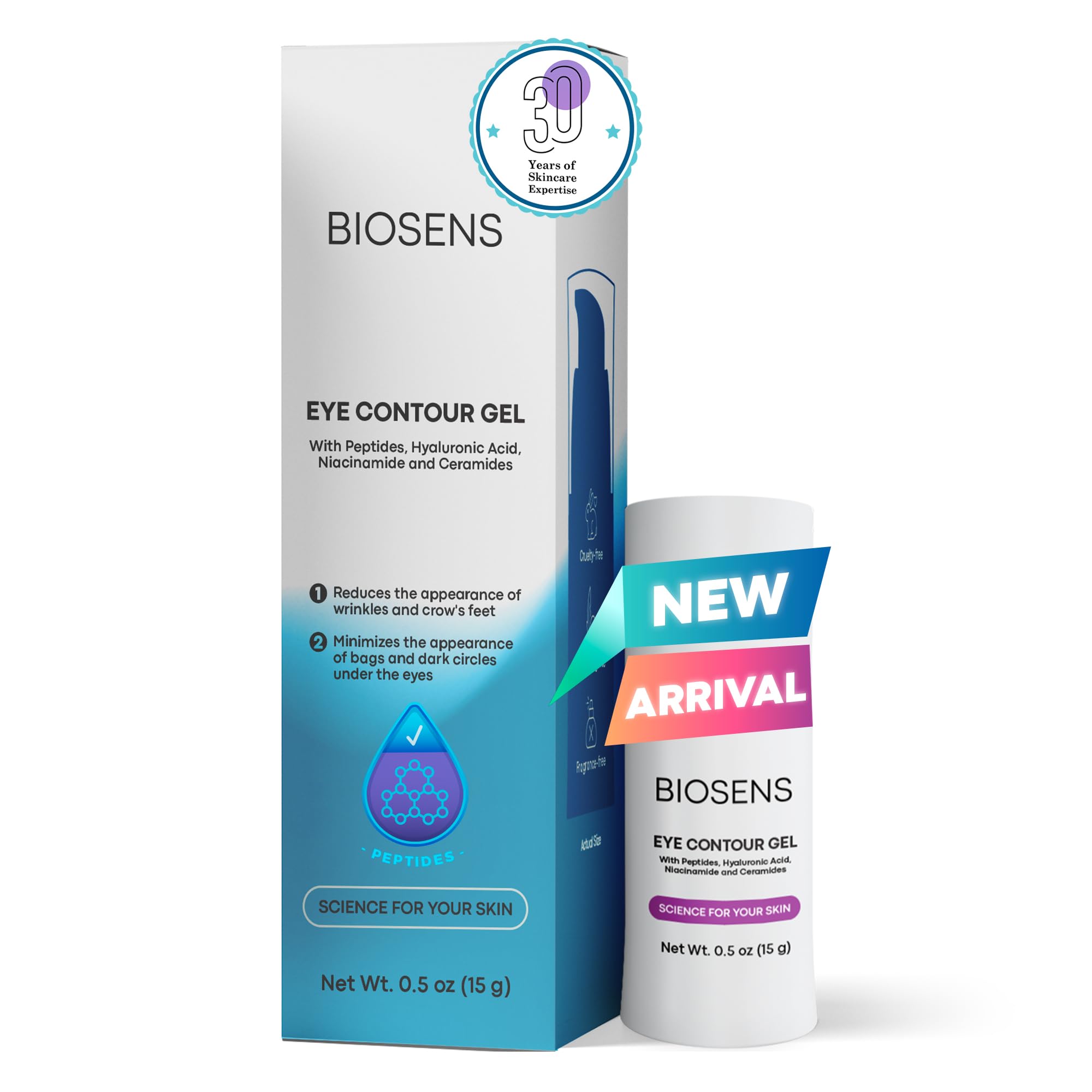 BIOSENS Under Eye Gel with Peptides, Niacinamide, Vitamin E, Eye Bags Treatment for Women & Dark Circles Treatment, Refreshes Tired look, Anti Aging, Fast-Absorbing, Airless 0.5 fl oz