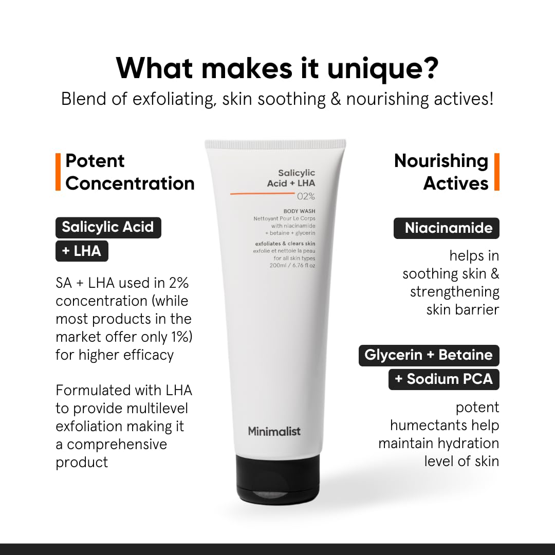 Minimalist 2% Salicylic Acid Body Wash | Acne Body Wash for Exfoliating, Excess Sweat, Rough & Bumpy Skin | Sulphate (SLS), Dye, & Fragrance Free | Shower Gel For Women & Men | 6.76 Fl Oz / 200 ml