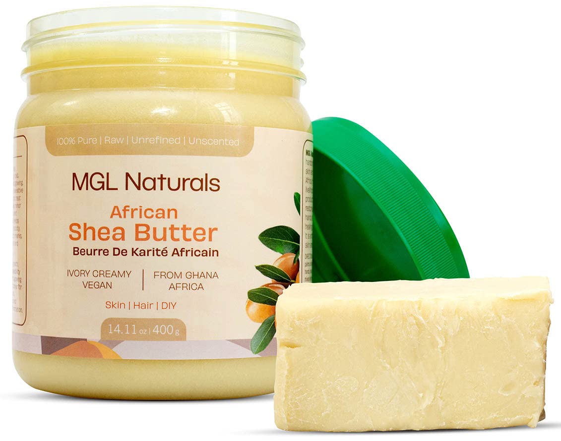 MGL Naturals Raw African Shea Butter Ivory, 100% Pure, and Unrefined. Nourish and moisturize hair and skin. Use alone or DIY recipes. From Ghana, West Africa. 16oz in jar