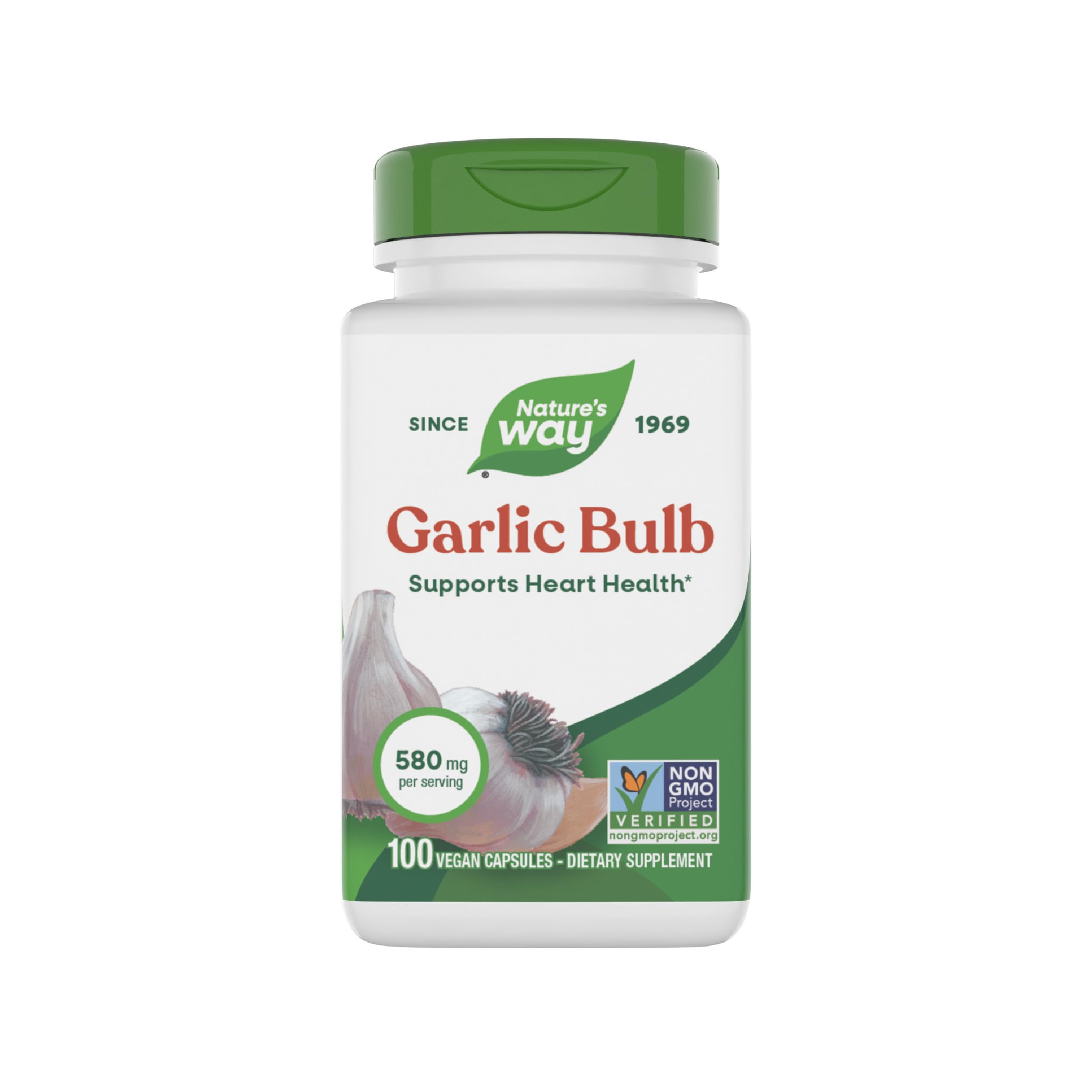 Nature's Way Garlic Bulb, Supports Heart Health*, Non-GMO Project Verified, 580 mg per Serving, Vegan, 100 Capsules (Packaging May Vary)