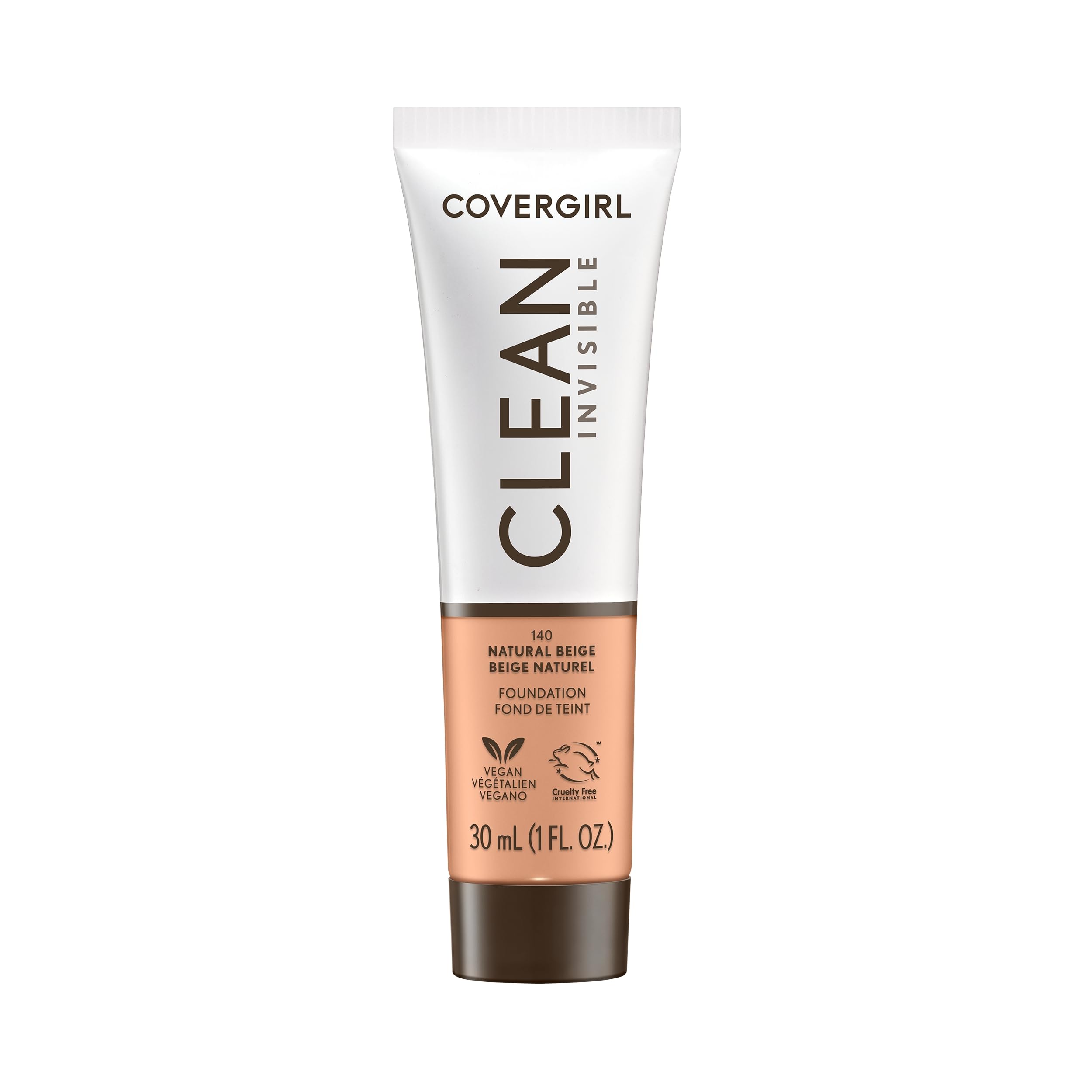 COVERGIRL Clean Invisible Foundation Makeup, Dewy & Glowy Finish, Buildable Coverage, Skin-Like Smooth Look, Vegan, Natural Beige, 1oz