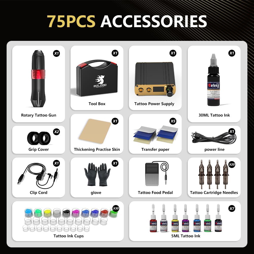 Tattoo Gun Kit,Solong Tattoo Gun Starter Kit with Anti-fatigue Mode Power Supply with 20pcs Different Type Needles Cartridges for Tattoo Artist with Portable Tool Case