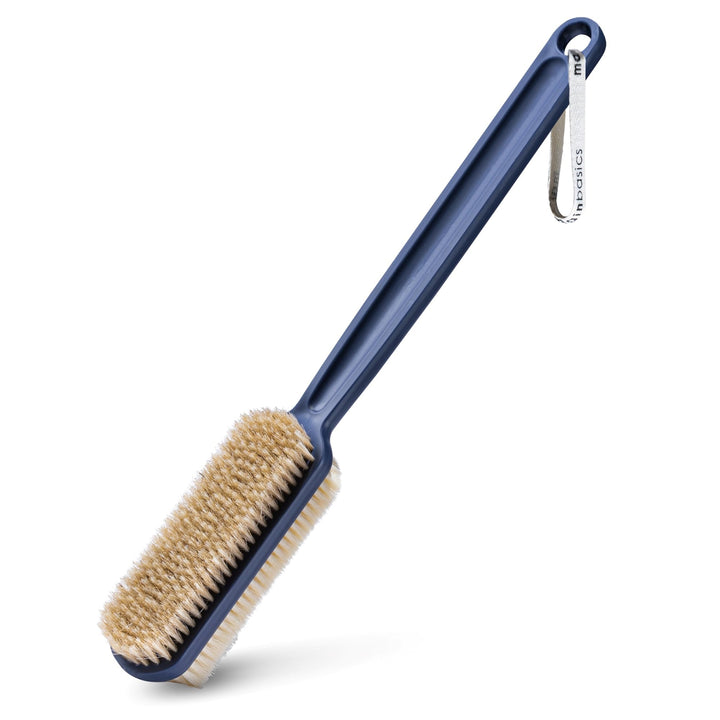 MainBasics Shower Brush Back Scrubber Dual-Sided Body Brush Long Handle with Soft and Stiff Bristles for Dry & Wet Brushing (Navy Blue)