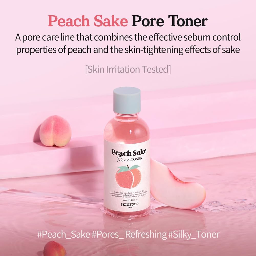 SKINFOOD Peach Sake Facial Toner 135ml - Tighten Pores and Sebum Control - Skin Moisturizing, Refining, & Hydrating Facial Toners for Oily Skin - Enlarge and Deep Pores Remedy (5.41 fl.oz.)