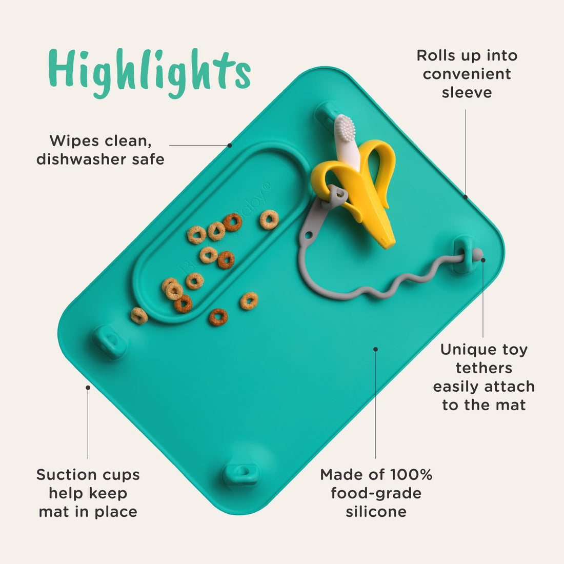 BUSY BABY Silicone Mat - New and Improved Suction Cups, 4 Straps to Secure Baby Essentials, Self Feeding, Baby Led Weaning, Travel Sleeve Included (Pewter)