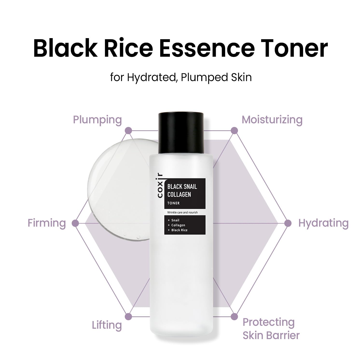 coxir Black Snail Collagen Toner l Essence Toner for Pluming, Moisturizing l Black-3-Complex: Black Rice, Bean, Sesame, Snail Mucin, Collagen l Korean Skin Care, Fragrance-Free [150ml /5.07 fl.oz]