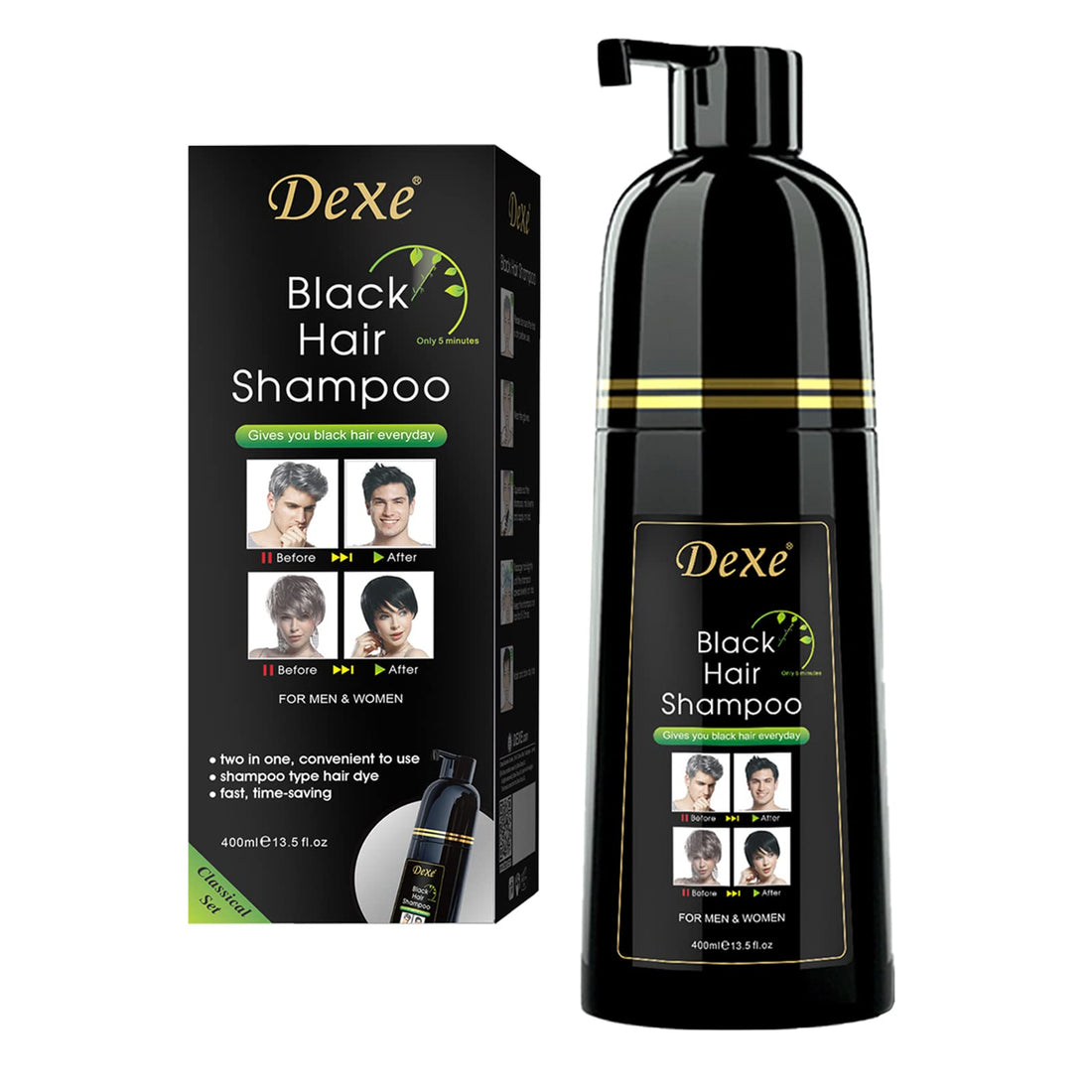 Black Hair Dye Shampoo for Gray Hair, DEXE Semi-Permanent Hair Color Shampoo for Women and Men, Simple to Use and Lasts 30 Days-Fast Acting, Herbal Ingredients and Ammonia Free (14 Fl oz)