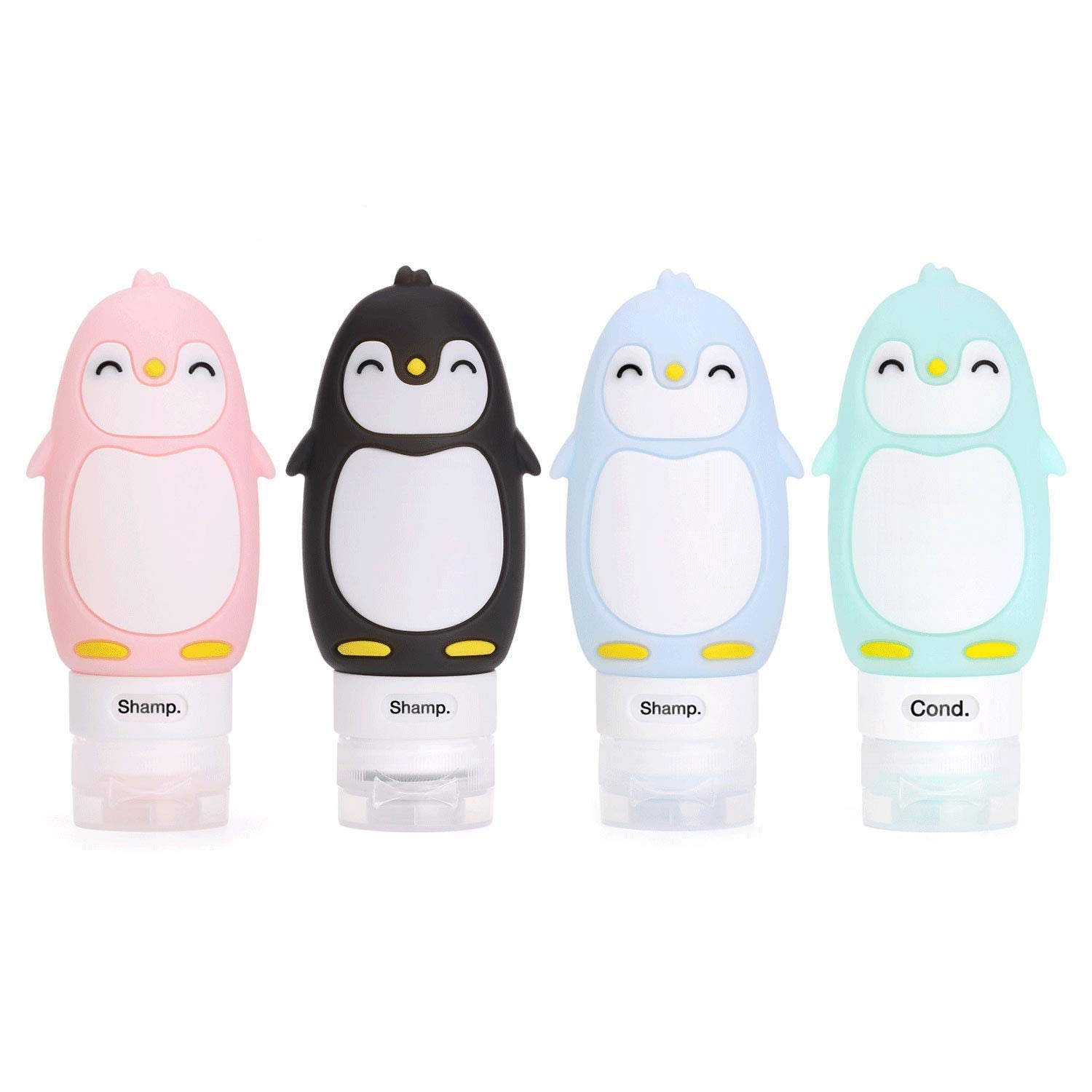 AUTENS Leakproof Silicone Travel Bottles Accessories Set, 3oz (90ml) 4 Pack Refillable Cute Penguin Travel Containers for Shampoo, Conditioner, Liquid, Lotion, Sunscreen - FDA, TSA Approved & BPA Free