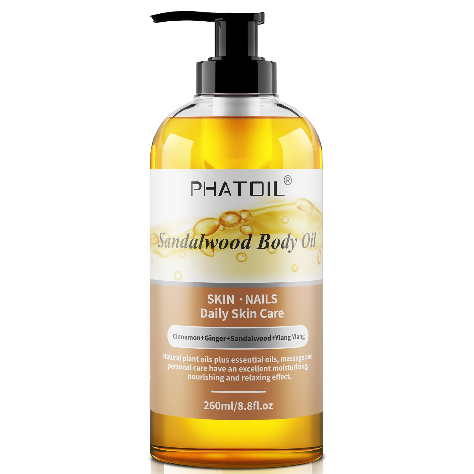 PHATOIL Sandalwood Body Oil, 260ml Large Bottle Body Oil for Nourishing Skin, 8.8 fl.oz Premium Moisturizer Infused with Sandalwood Essential Oil, Great for Hair & Body Care