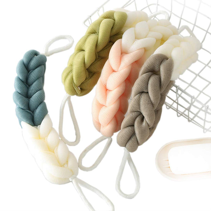 AARainbow 4 Packs Long Stretch Back Sponge with Rope Handles Back Scrubber Bath Shower Mesh Sponge Exfoliating Body Scrub Stretch Braided Loofah for Men and Women (1 White+1 Grey+1 Pink+1 Lotus Pink