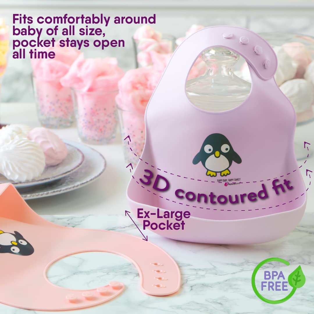 NatureBond Waterproof Baby Bibs, Silicone Weaning Bibs for Babies & Toddlers, Set of 2 w/Carry Pouch | Comfortable Soft 4 buttons Bib