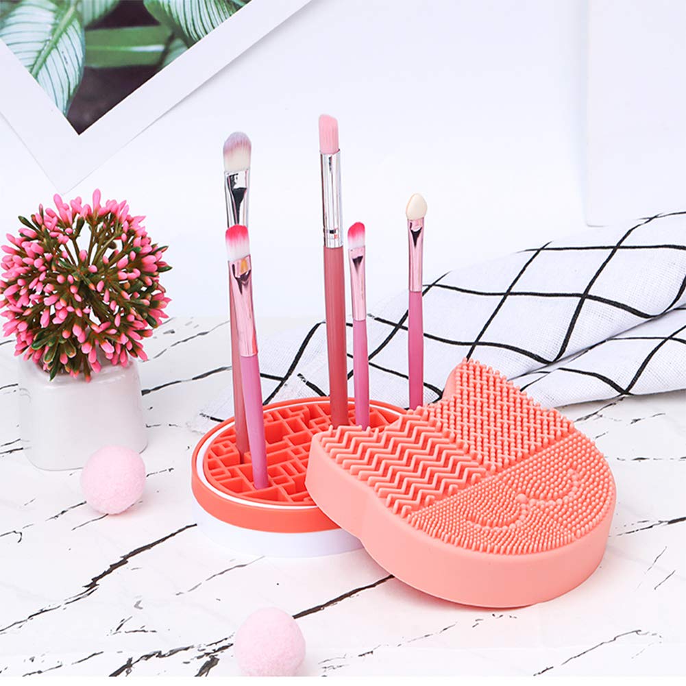 Silicon Makeup Brush Cleaning Mat with Brush Drying Holder Brush Cleaner Mat Portable Cat Shaped Cosmetic Brush Cleaner Pad (New Orange)