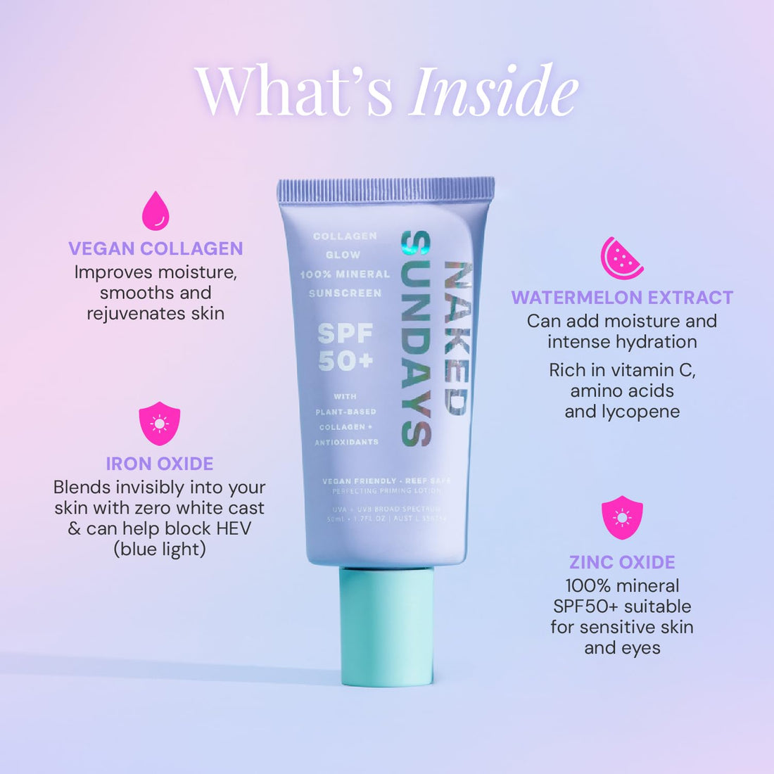 Naked Sundays SPF50+ 100% Mineral Glow Sunscreen, Daily Hydrating Facial Moisturizer & Primer with Zinc Oxide & Vegan Collagen, Sheer Tint, Broad Spectrum SPF Mineral Lotion (50ml)