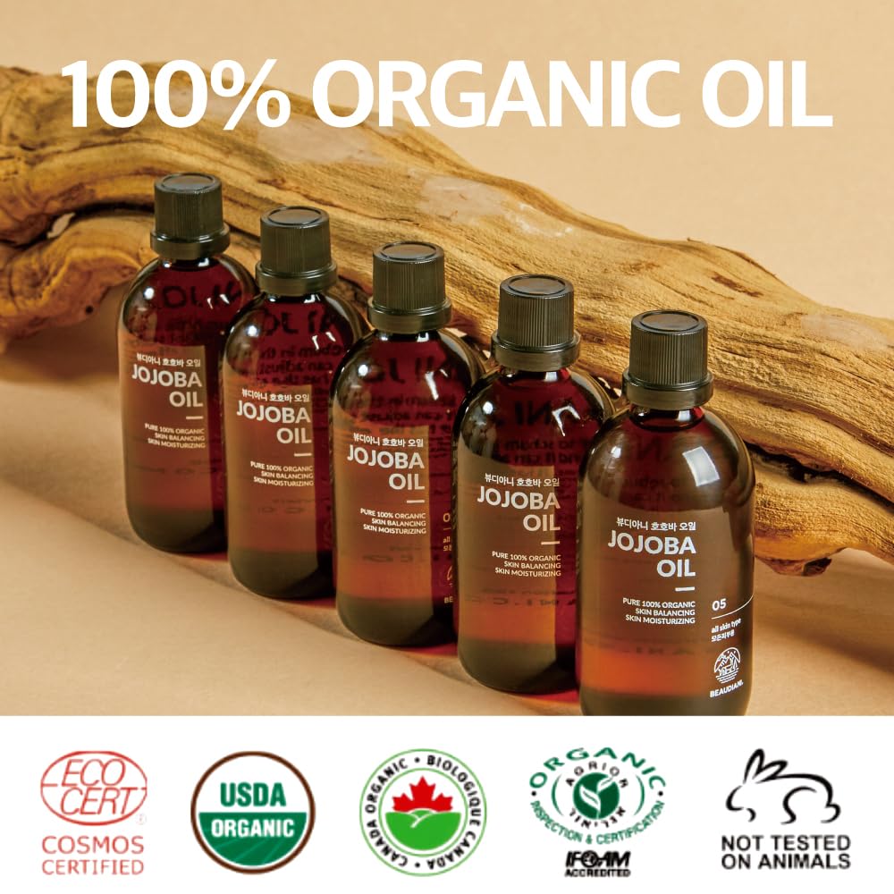 BEAUDIANI Organic jojoba Oil 100ml 100% Pure Organic Natural Golden Oil Cold Pressed Virgin, Korean Skin Care jojoba Oil for Skin, face, Body, Hair, Nail, Cuticle, Vitamin E Oil, Israel Origin