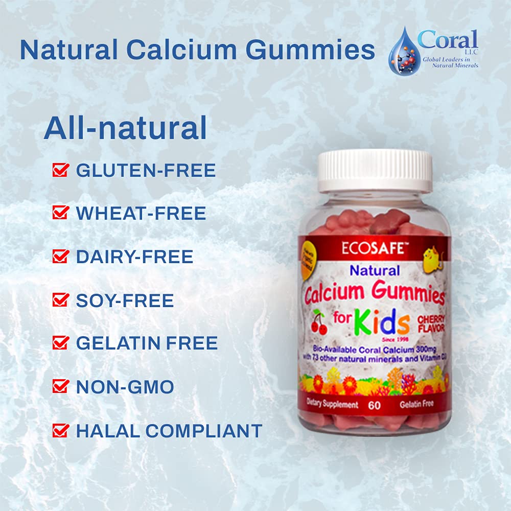Coral Calcium Vitamin D3 Kids Gummy, Natural Cherry Flavor, Non GMO, Gluten-Free, Dairy-Free, Soy-Free and Gelatin Free - 300 mg of Calcium, and 800 IU of Vitamin D3-60 Gummies (1 Pack)