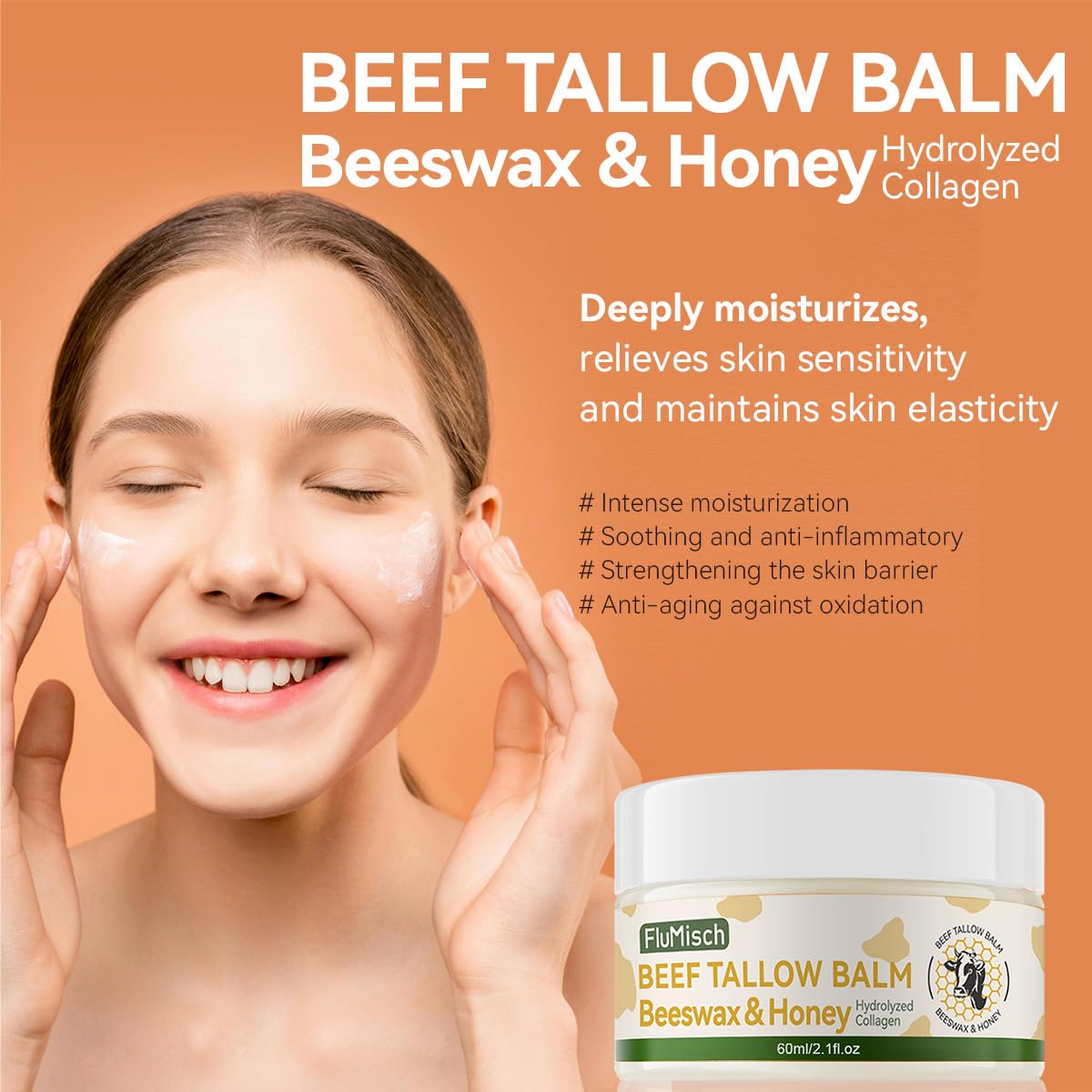 FluMisch Beef Tallow Moisturizer, Tallow and Honey Balm for Skin, Grass Fed Beef with Whipped Tallow Balm, Organic Raw Honey and Beeswax, Moisturizing Cream for Body Skin Care (60ml/2.1fl.oz)