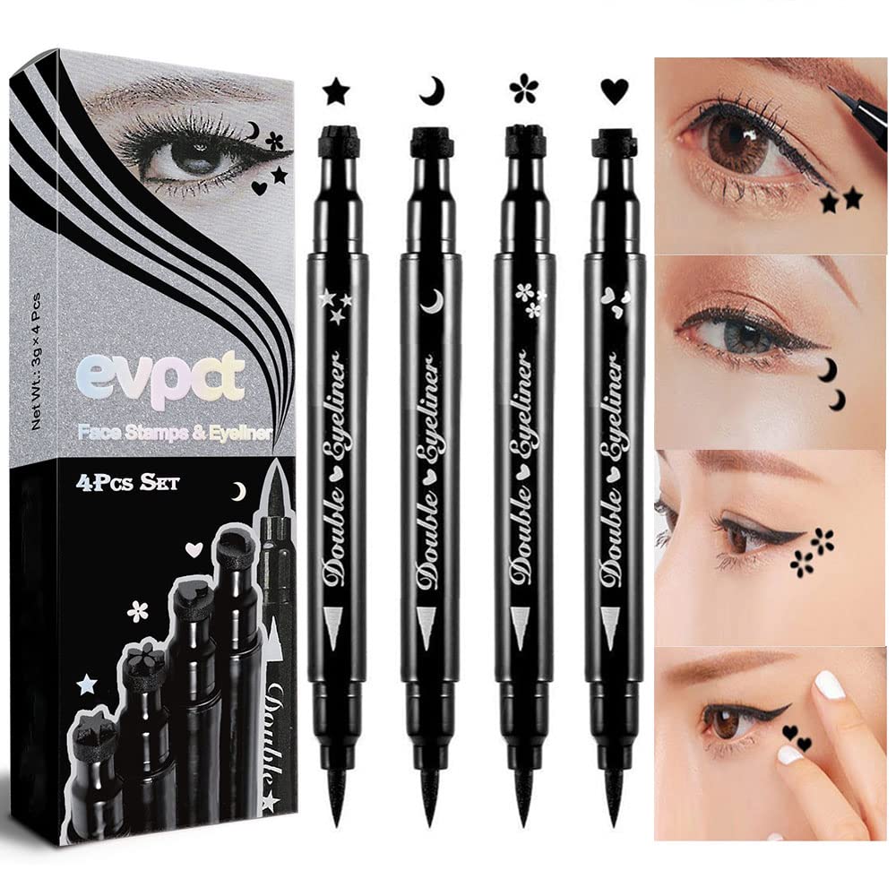 EVPCT 4-in-1 Star Flowers Hearts Face Makeup Set - Black Colored Liquid Winged Eyeliner Stamp, Waterproof Star Eye Liner Wing Eyeliner Stamp Figures Tool