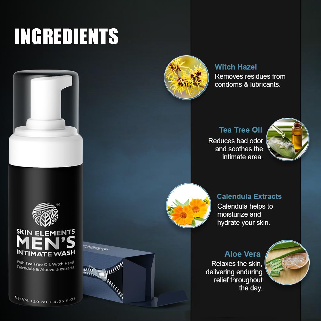 Skin Elements Intimate Wash for Men with Tea Tree Oil | pH Balanced Foaming Hygiene Wash | Prevents Itching, Irritation & Bad Odor | 120 ml |