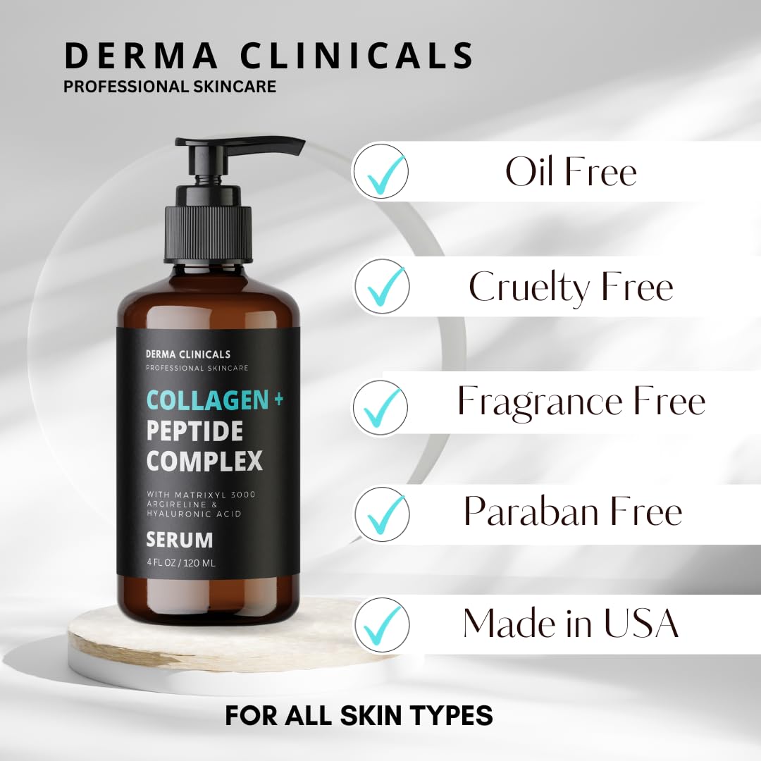 DERMA CLINICALS Collagen Peptide Serum with Matrixyl 3000 + Argireline, Hyaluronic Acid Serum, Anti-Aging Collagen Face Serum, Firming and Plumping, Anti-Wrinkle Serum for face - 4oz