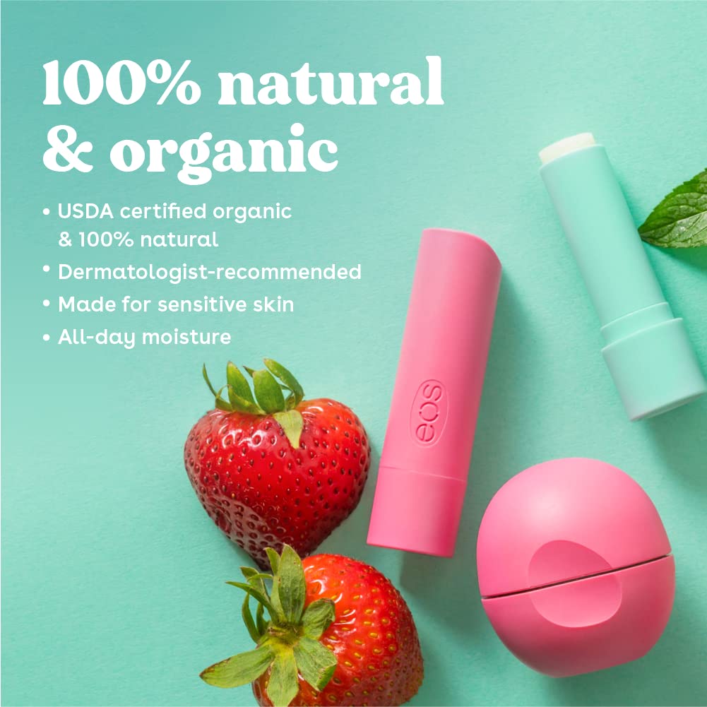 eos 100% Natural & Organic Lip Balm Sticks- Strawberry Sorbet, Vanilla Bean, Sweet Mint & Pomegranate Raspberry, Lip Care Products, 0.14 oz, 4-Pack
