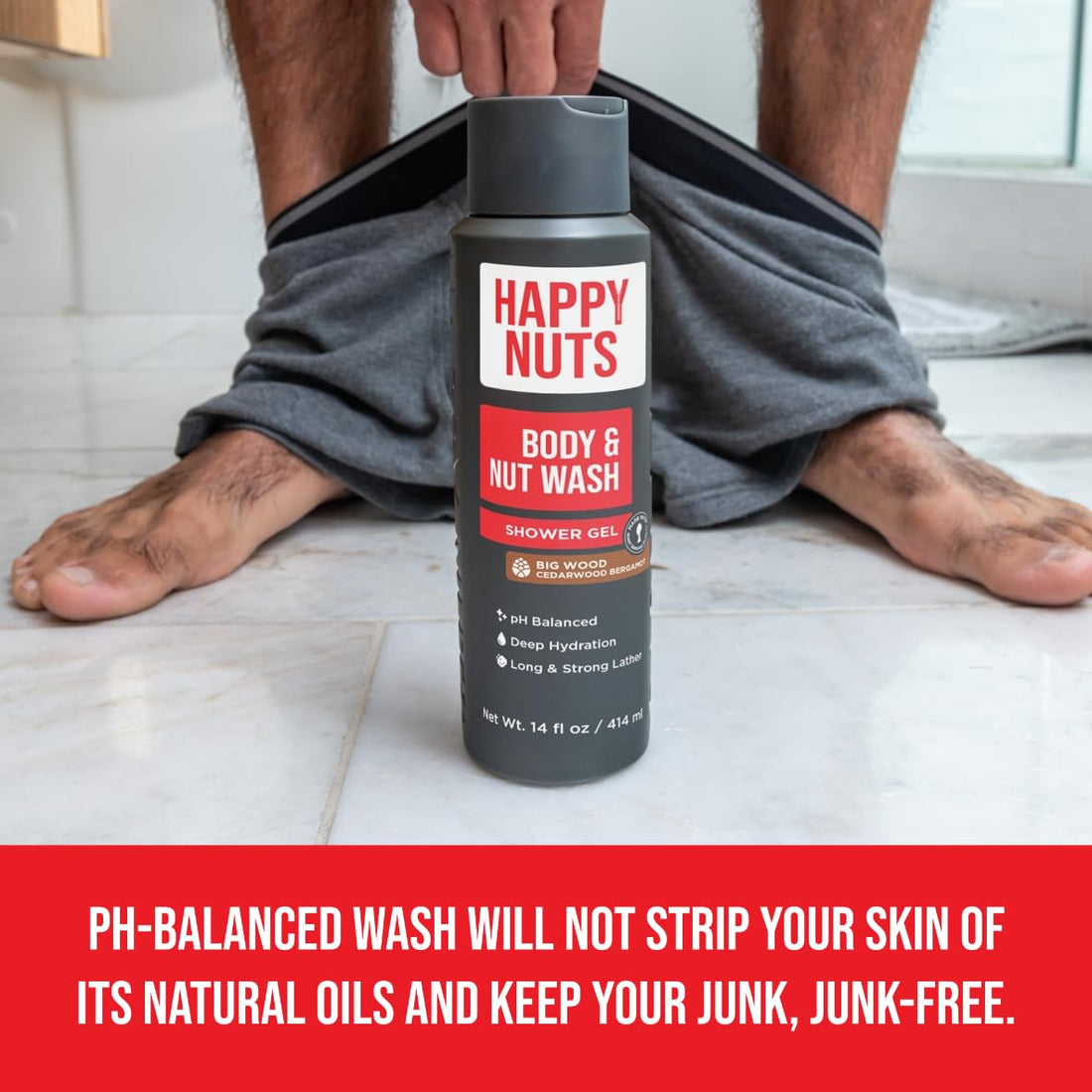 HAPPY NUTS Big Wood Body and Nut Wash - Moisturizing Men's Shower Gel, Bodywash with Deep Cleanse for Sensitive Skin - Men's Body Soap