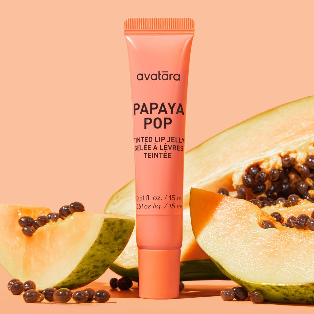 Avatara Papaya Pop Tinted Lip Jelly, Hydrating Lip Gloss Treatment with Vitamin-Rich Botanicals, Peachy-coral Tint, Vegan & Cruelty-Free, Soothes & Softens Dry Lips, 15mL/0.51 Fl Oz