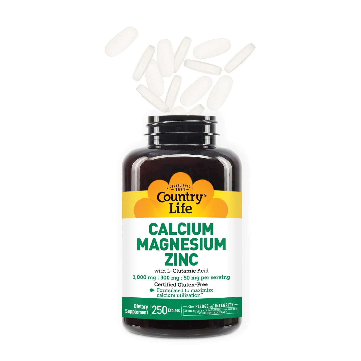 Country Life Calcium Magnesium Zinc with Vitamin D3 and L-Glutamic Acid, Dietary Supplement for Bone Support, Certified Gluten Free, 1000mg/500mg/50mg, 250 Tablets