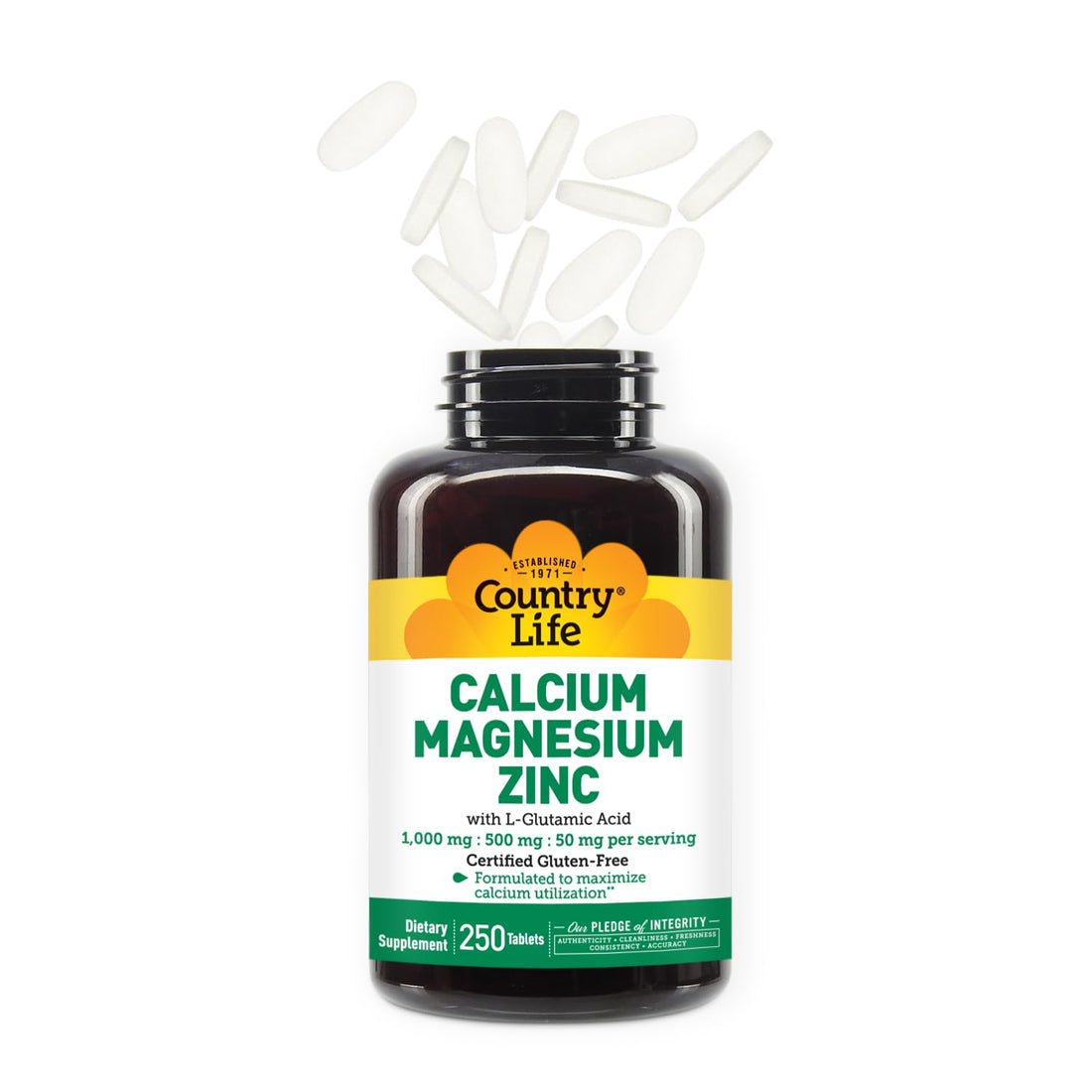 Country Life Calcium Magnesium Zinc with Vitamin D3 and L-Glutamic Acid, Dietary Supplement for Bone Support, Certified Gluten Free, 1000mg/500mg/50mg, 250 Tablets