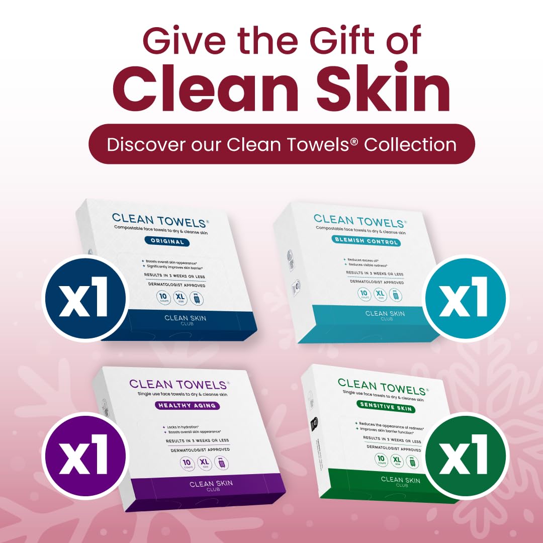 Clean Skin Club Clean Towels® XL Holiday Variety 4-Pack Gift Box – Disposable Face Towels Gift Set, Includes Original, Sensitive, Blemish Control & Healthy Aging, 40 Count Total, 10 Each