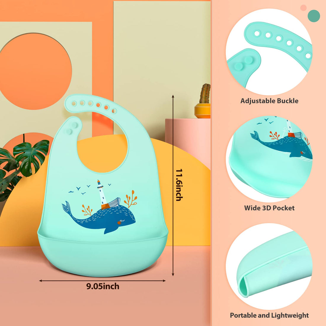 Zhanmai 3 Pack Silicone Bibs for Babies with Spoon Fork Silicone Feeding Bibs for Toddlers Boys Kids Girls (Vivid Style)