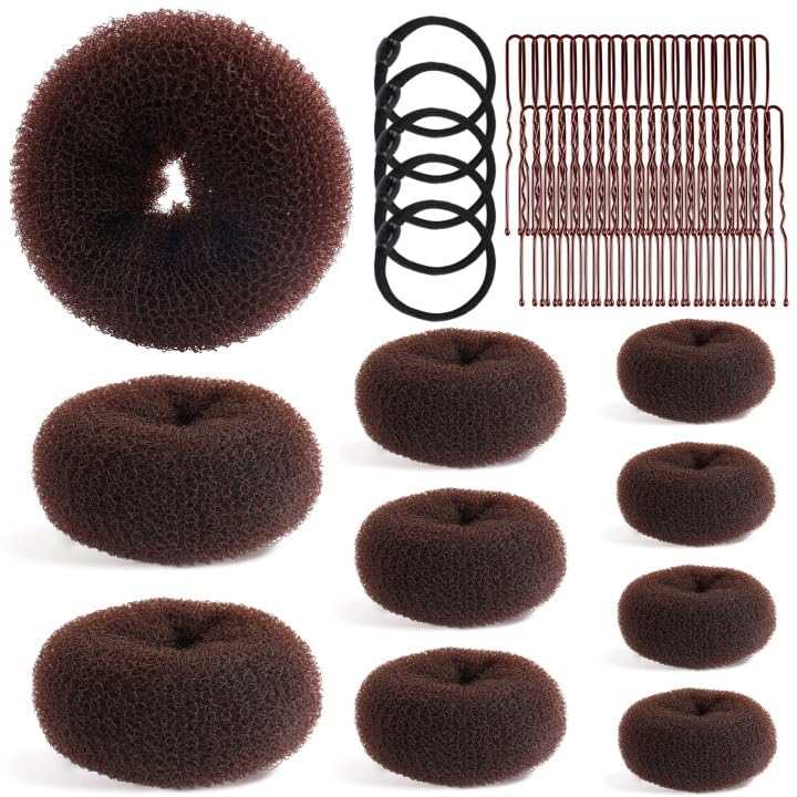MAGDIY 65 Pcs Hair Accessories Set with 10 Pcs Hair Bun Maker (1 Extra-Large, 2 Large, 3 Medium, 4 Small), 50 Pcs U-Shaped Pins and 5 Pcs Hair Ties, Ballet Donut Bun Maker for Long Hair (Brown)