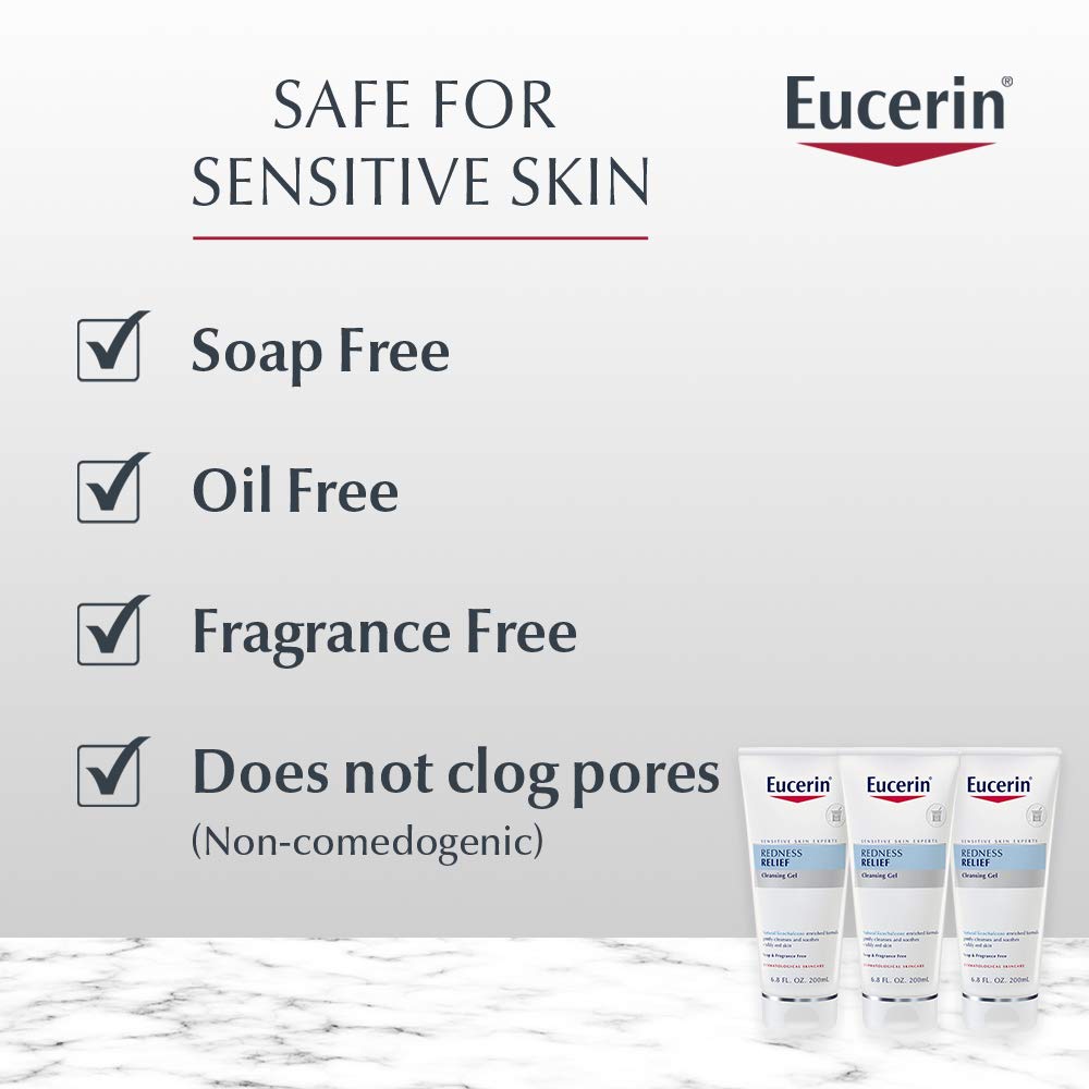 Eucerin Redness Relief Cleansing Gel - Fragrance Free, Gently Cleanses Sensitive Skin - 6.8 fl. oz. Tube (Pack of 3)