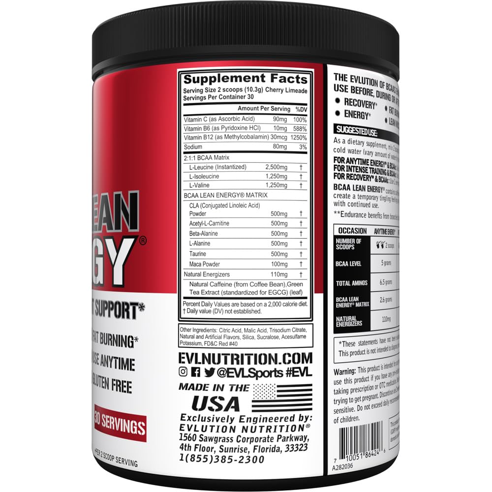 EVL BCAA Lean Energy Powder - Pre Workout Green Tea Fat Burner Support with BCAAs Amino Acids and Clean Energizers - Post Workout Recovery Drink for Lean Muscle Recovery - Cherry Limeade